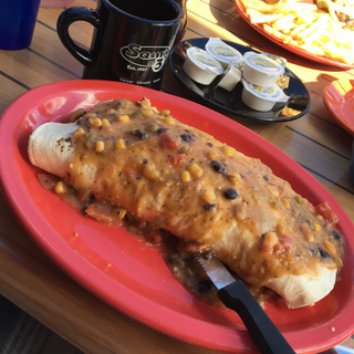 Sam’s No 3 in Denver. Breakfast Burrito with Tots plus Mac and Cheese inside. Veggie chili on the outside